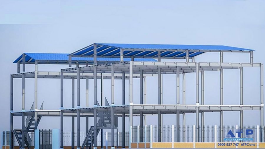 Mô hình nhà xưởng 2 tầng khung thép tiền chế cơ bản